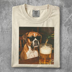Boxer dog in sunglasses pours beer into a frothy mug.
