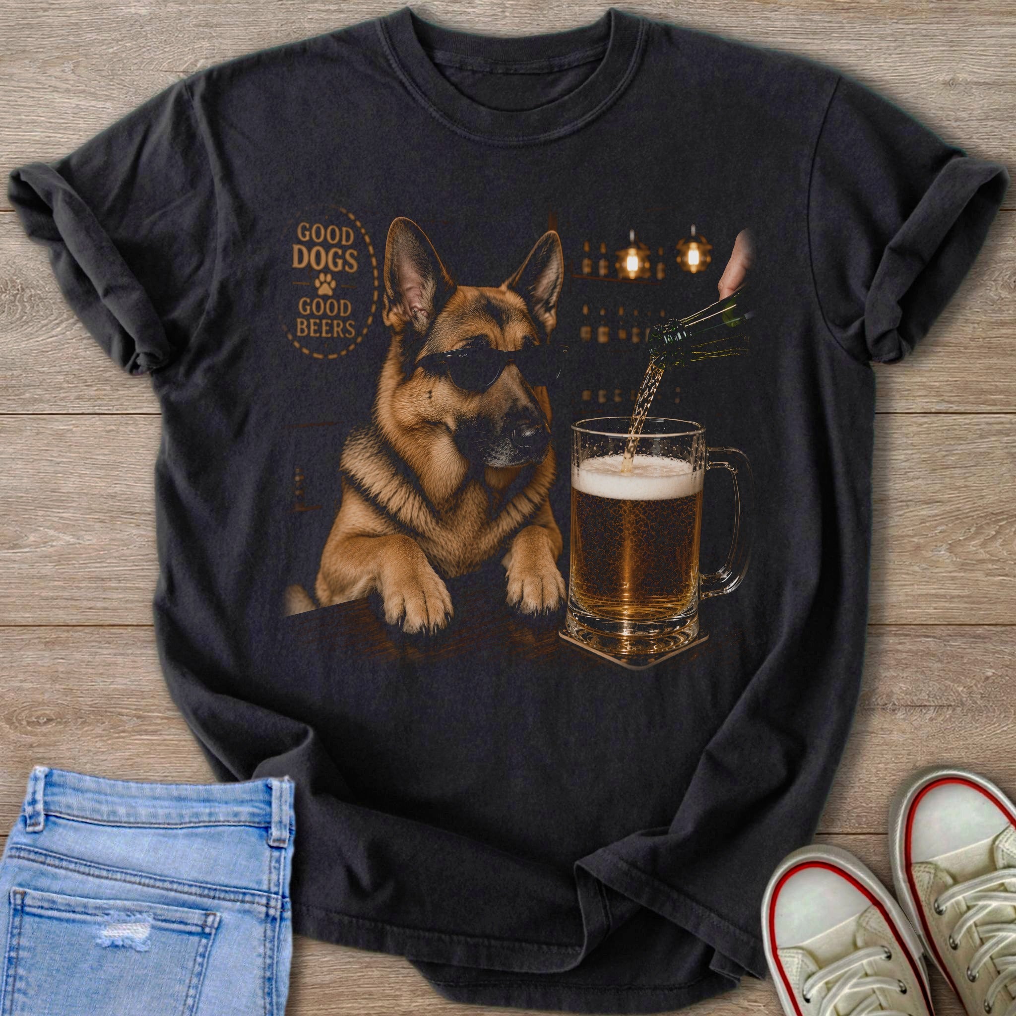 German Shepherd wearing sunglasses, with beer being poured into a glass.
