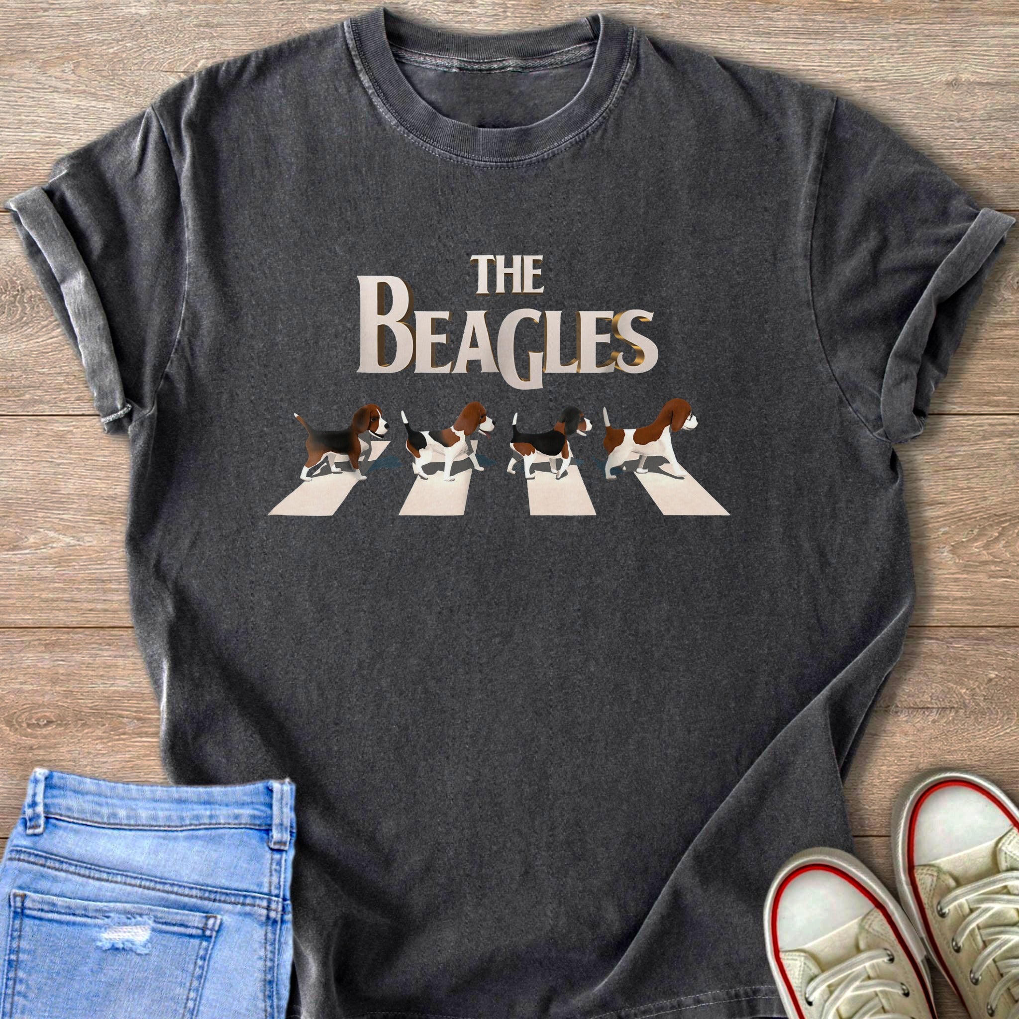 Dark gray t-shirt with "The Beagles" text and four beagles walking on a crosswalk.
