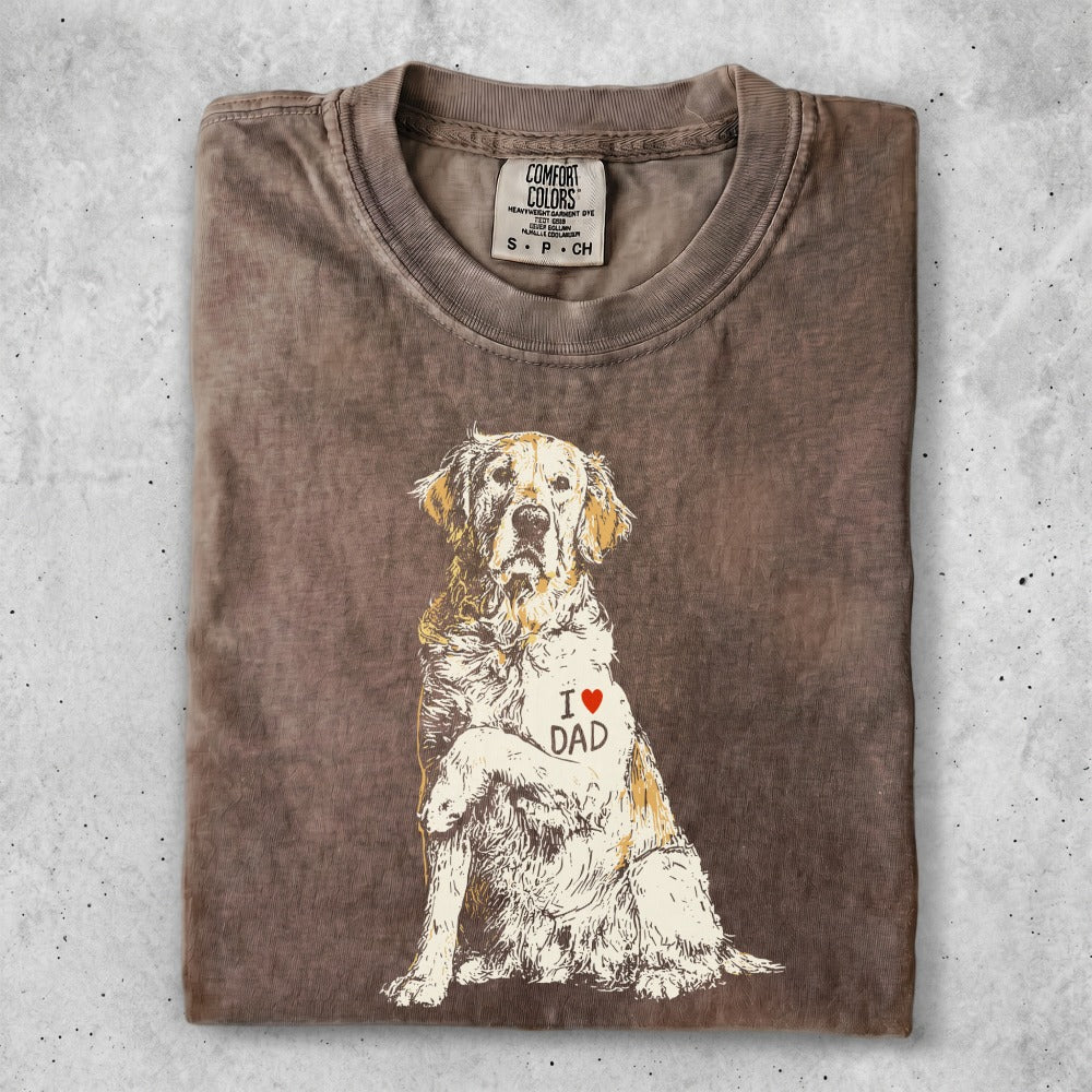 T-shirt with distressed golden retriever graphic and "I ♥ DAD" heart.