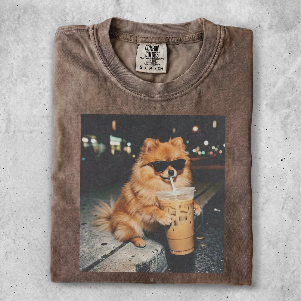 Pomeranian dog in sunglasses holds a coffee drink.