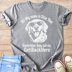 Gray t-shirt with white graphic of a dog wearing sunglasses and text.
