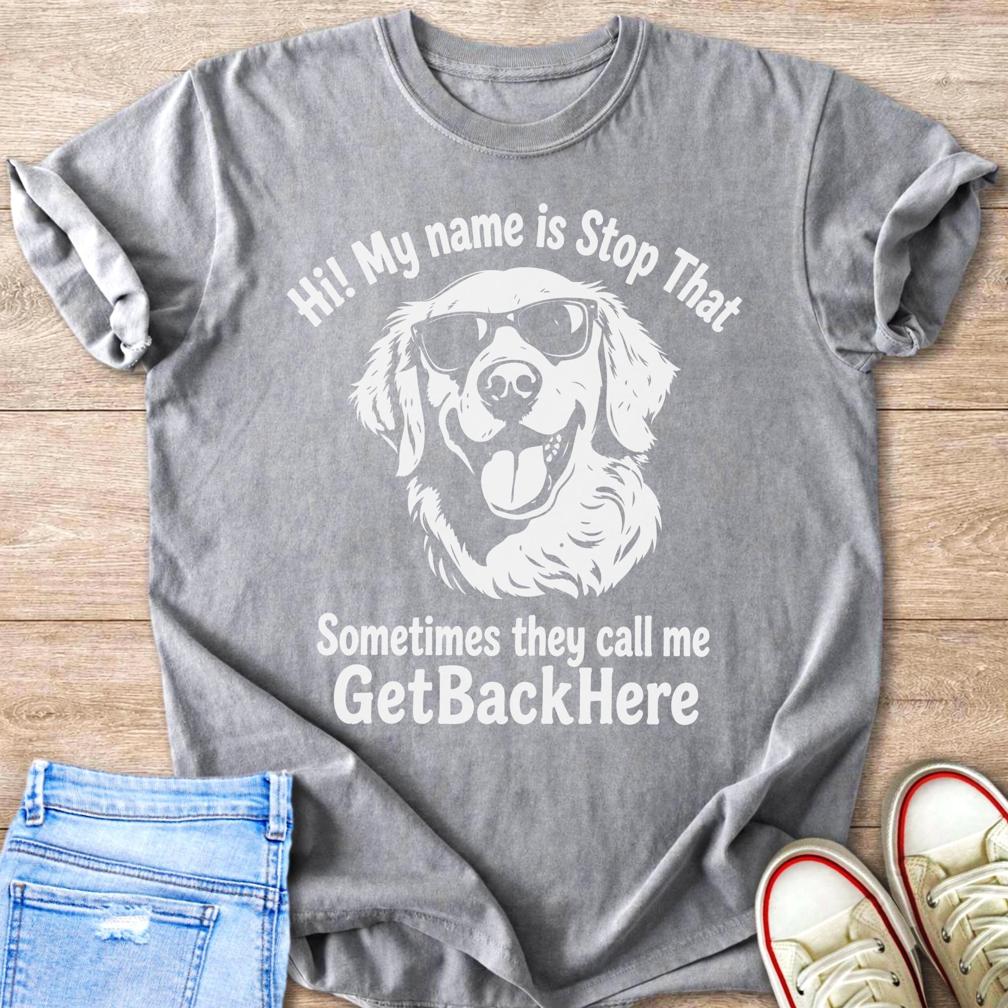 Gray t-shirt with white graphic of a dog wearing sunglasses and text.