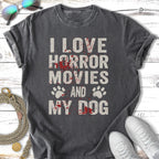 "I Love Horror Movies and My Dog" graphic tee with paw prints.