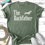 Green t-shirt with "The Dachfather" text and a dachshund silhouette.