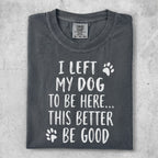 "I left my dog to be here... be good" text on a charcoal t-shirt.