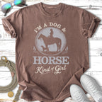 Brown t-shirt with "I'm a Dog & Horse Kind of Girl" graphic and equestrian scene.