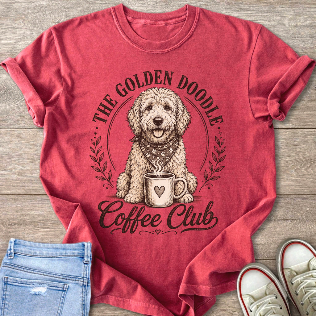 Golden Doodle with coffee mug and text "The Golden Doodle Coffee Club".
