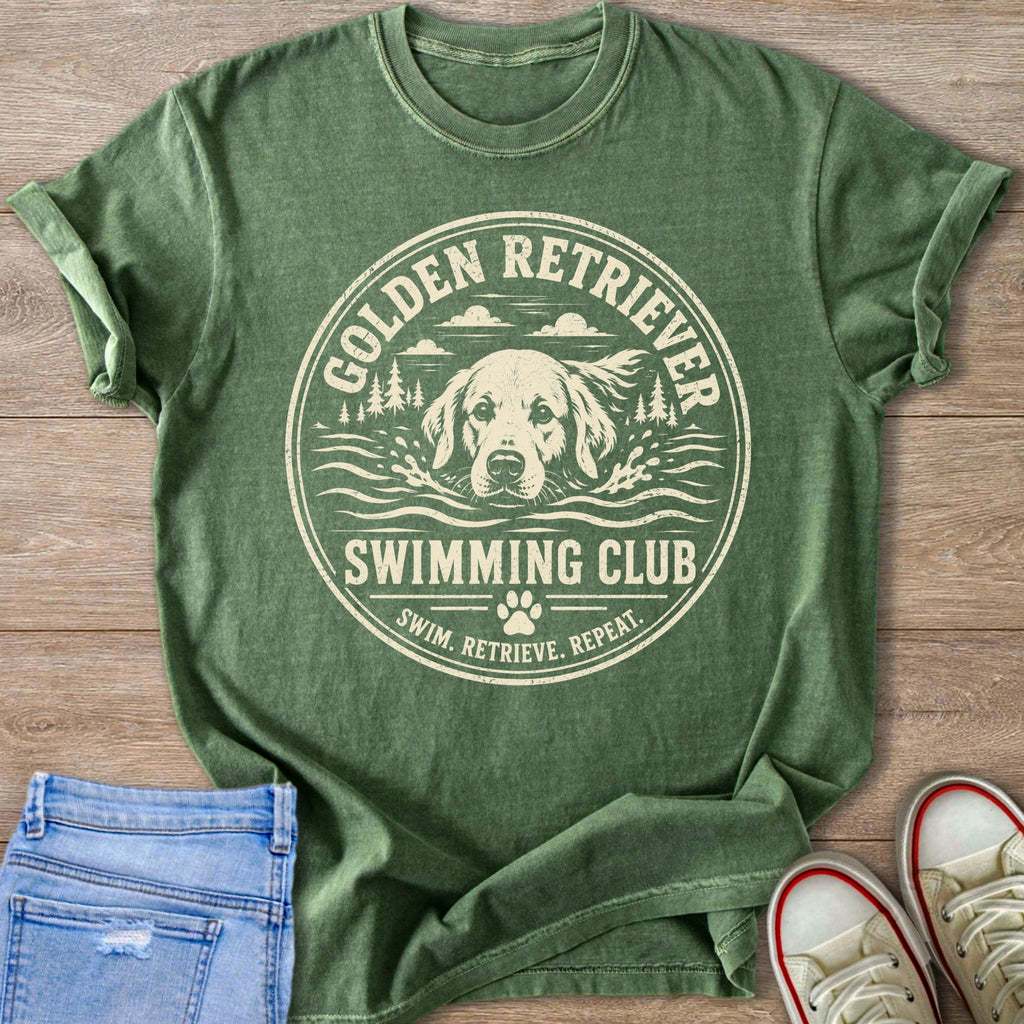 Green t-shirt with a circular graphic of a Golden Retriever swimming, saying "Golden Retriever Swimming Club."
