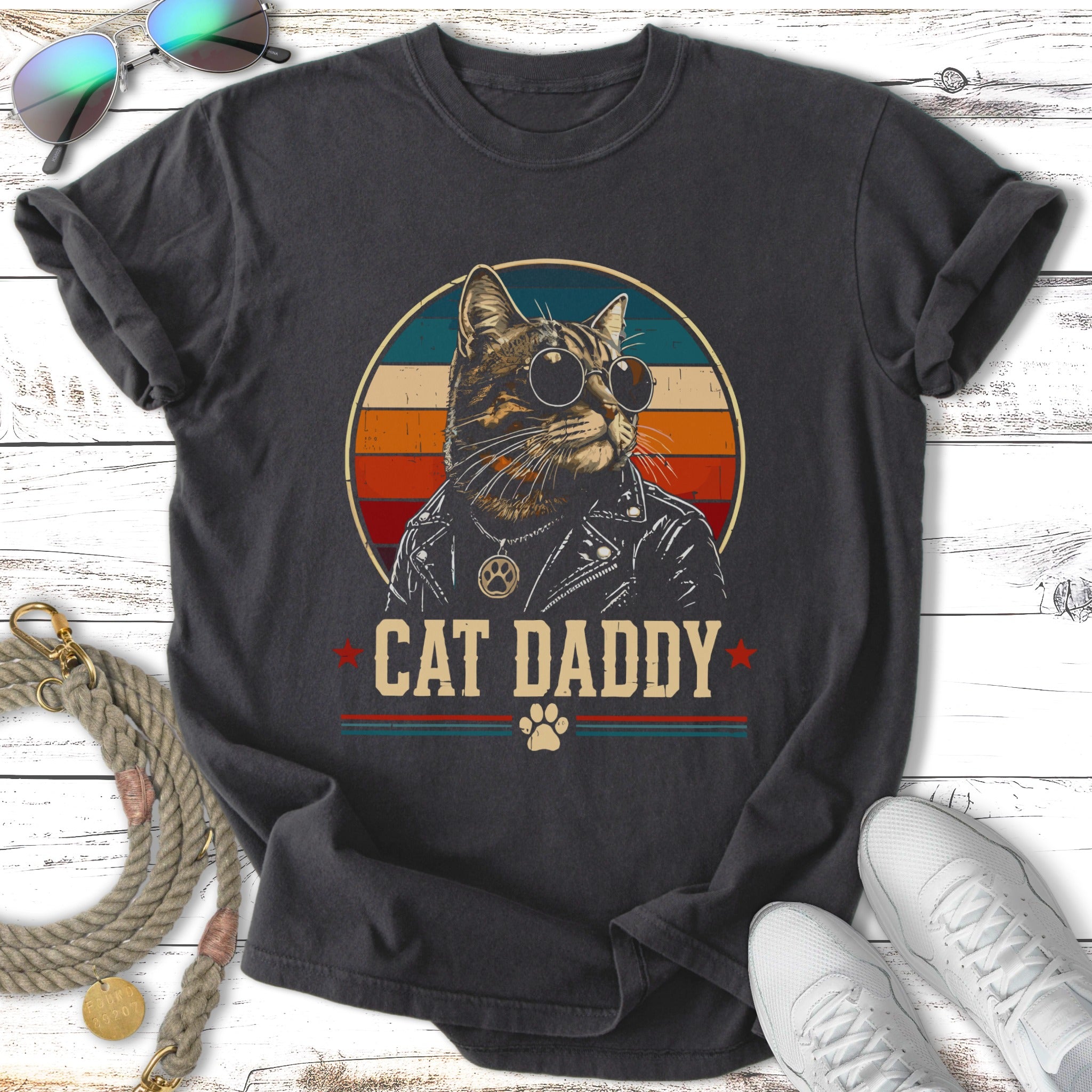 T-shirt with a cat wearing sunglasses and a leather jacket, text "CAT DADDY".