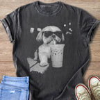 Grey t-shirt with graphic of a shih tzu wearing sunglasses drinking an iced beverage.