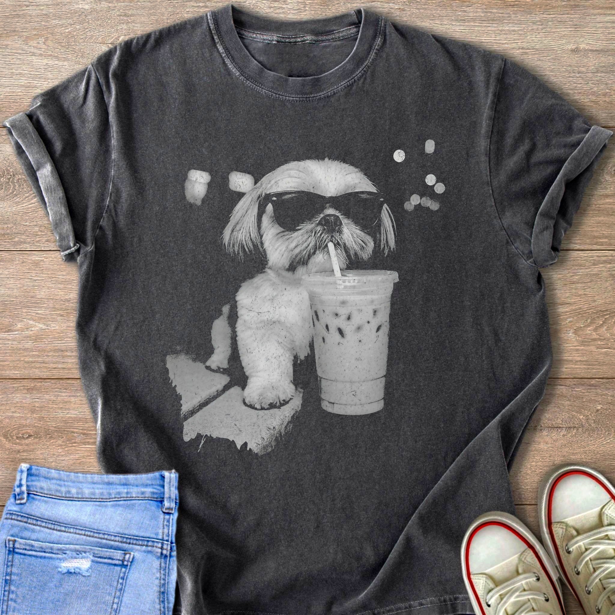 Grey t-shirt with graphic of a shih tzu wearing sunglasses drinking an iced beverage.