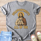 Jesus holding a French bulldog with "Disappointments All of You" text.