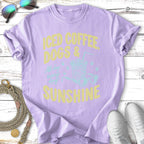 Light purple t-shirt with "Iced Coffee Dogs & Sunshine" text and graphic.