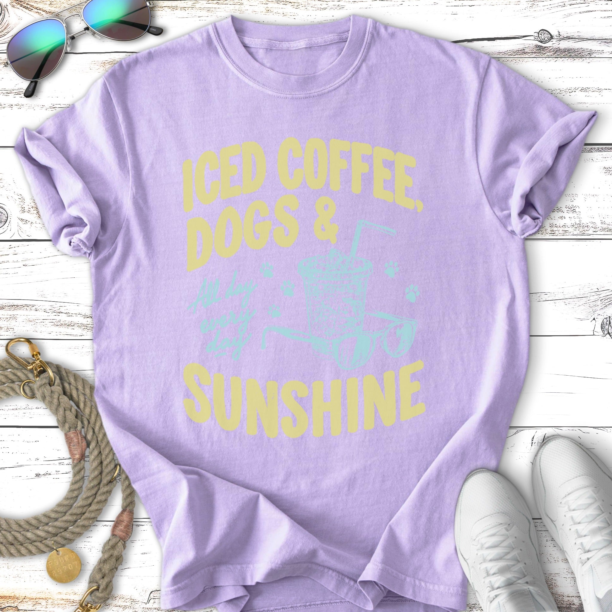 Light purple t-shirt with "Iced Coffee Dogs & Sunshine" text and graphic.