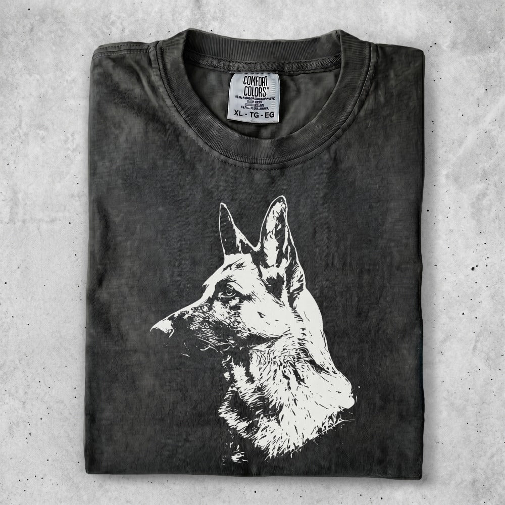 Dark grey t-shirt with a white German Shepherd portrait and Comfort Colors logo.
