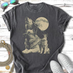 German Shepherd dogs howl at a full moon on a charcoal t-shirt.