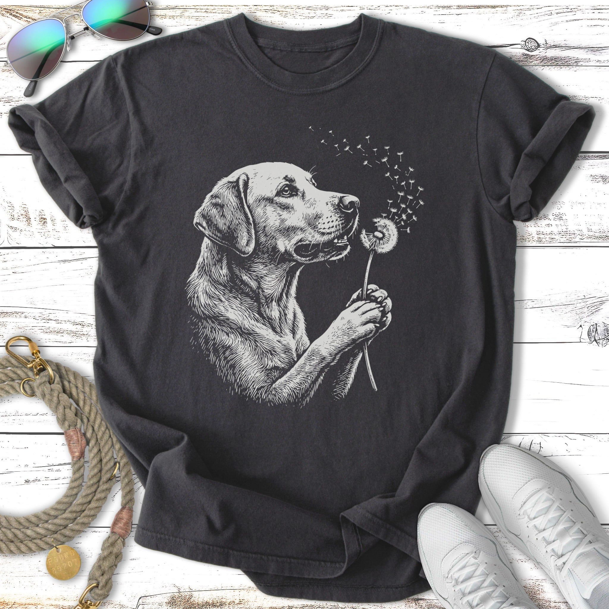 Black t-shirt with sketch of a Labrador retriever blowing dandelion seeds.