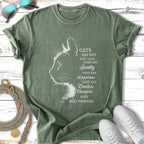 Green t-shirt with cat outline and text about cats being sanity, happiness, teachers, therapists, and best friends.