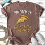 Brown t-shirt with "Powered by Cheese Pizza and Dogs" and pizza slice graphic.