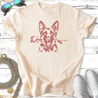 Cream t-shirt with a German Shepherd holding a rose in its mouth.