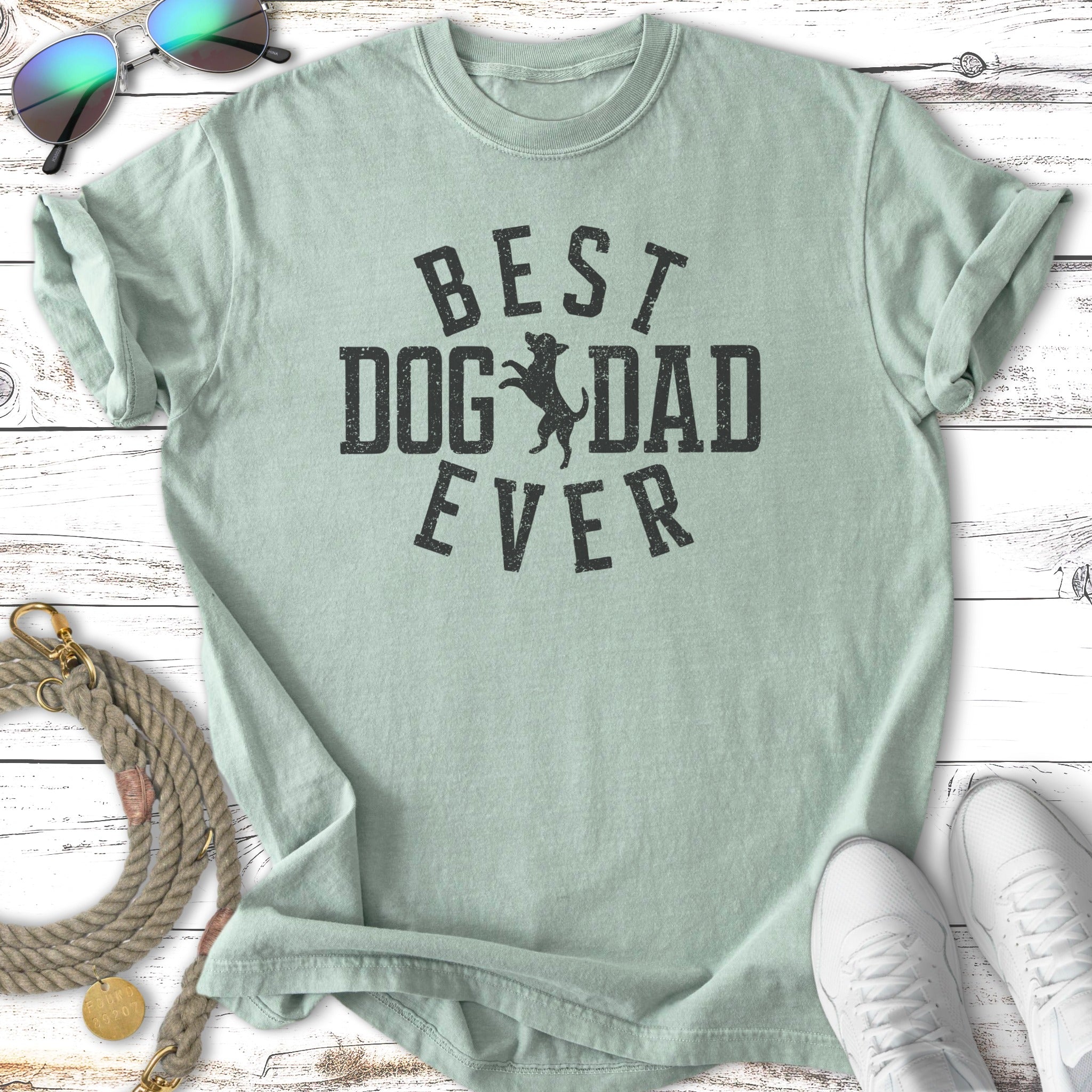 Light green t-shirt with "BEST DOG DAD EVER" in distressed black text.
