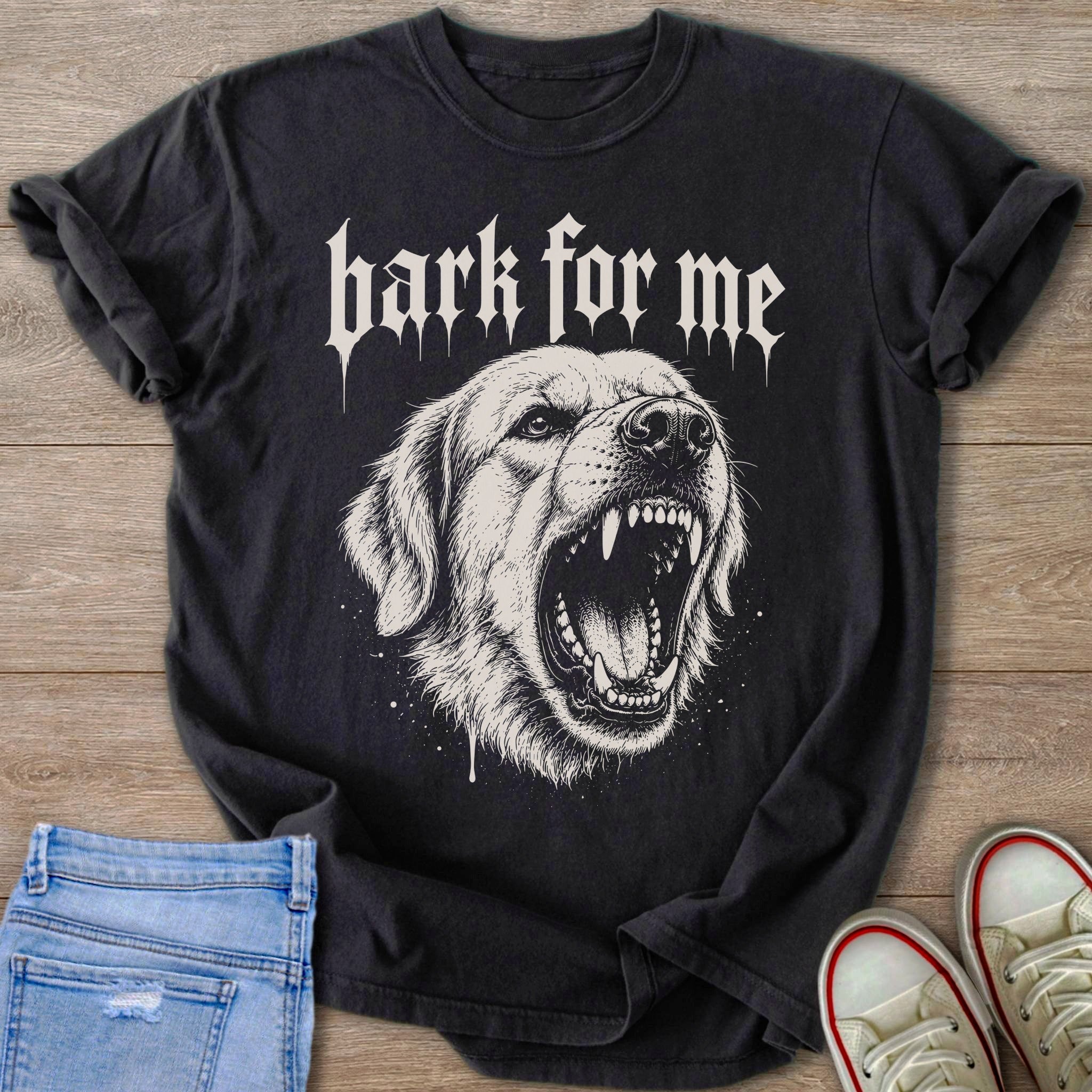 Black t-shirt with gothic text "bark for me" and a roaring dog illustration.