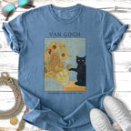 Blue t-shirt with Van Gogh's Sunflowers and a black cat.