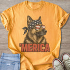 German Shepherd with American flag bandana and sunglasses, text reads 'MERICA.