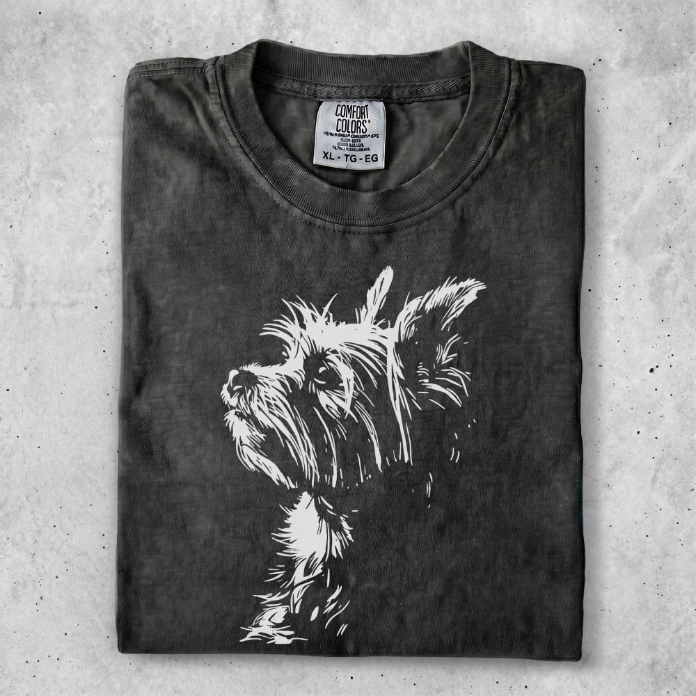 Dark t-shirt with a white terrier dog silhouette on the chest.