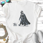 Darth Vader walks an AT-ST walker on a leash on a t-shirt.
