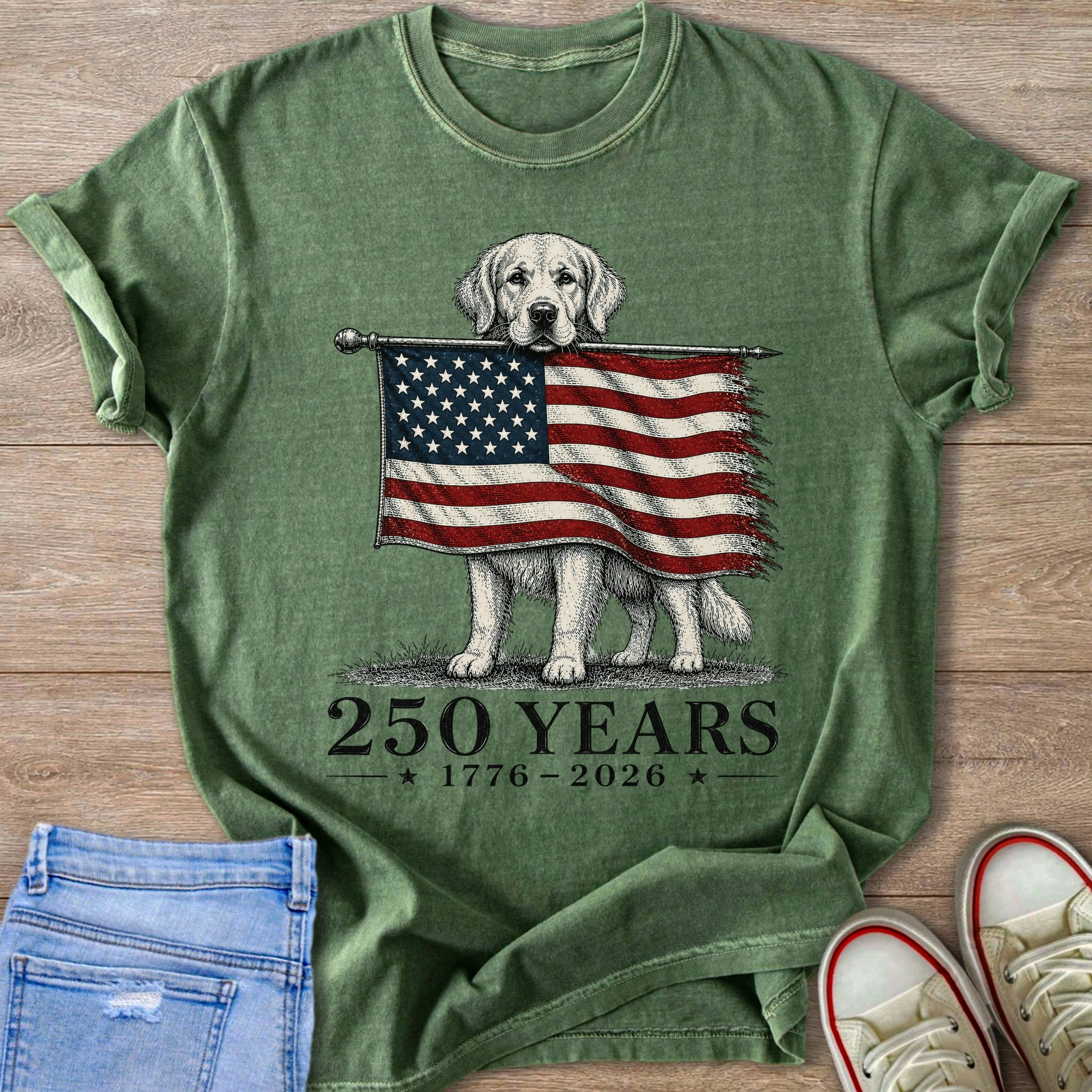 Golden retriever holding a tattered American flag, text reads "250 YEARS 1776-2026".