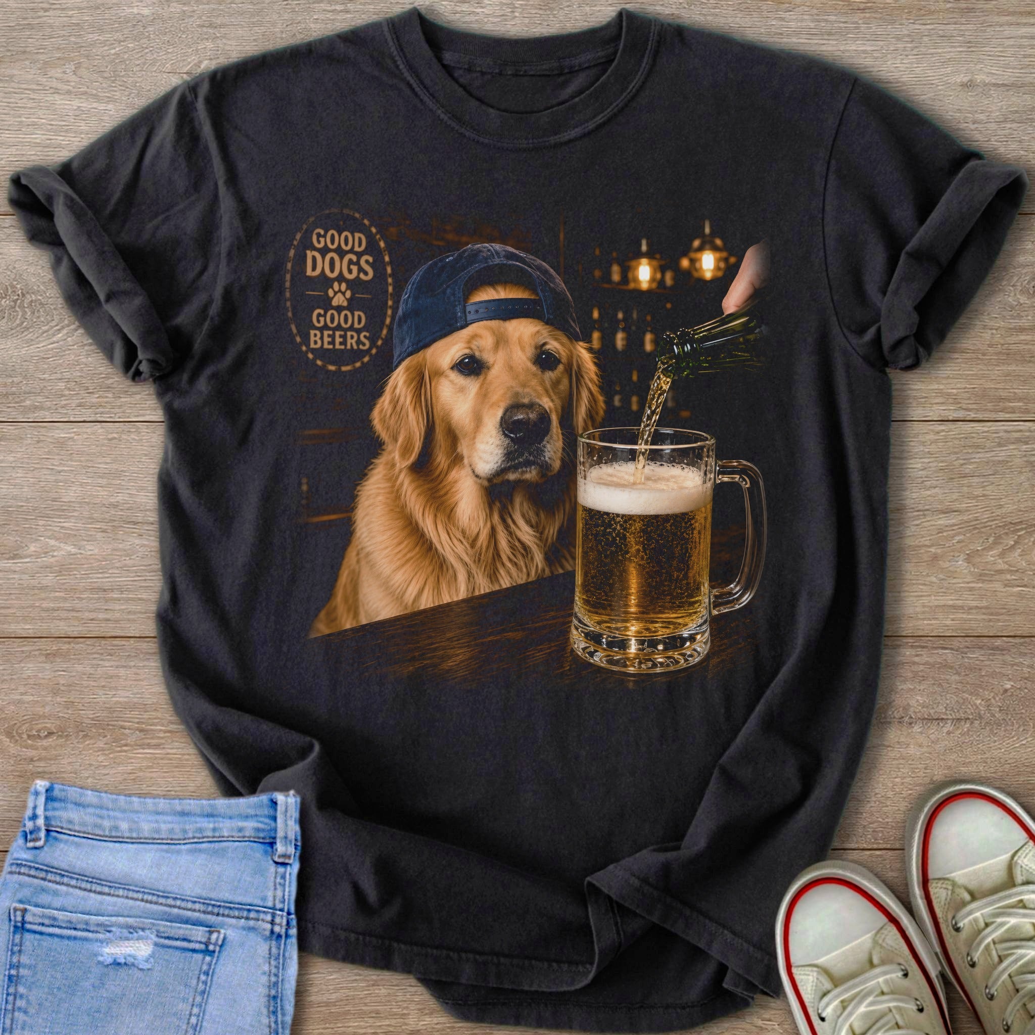 Golden retriever dog wearing a baseball cap with beer being poured beside it.