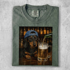 Dachshund in a baseball cap pours beer into a mug.