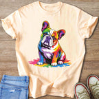 Peach t-shirt with a colorful French bulldog print and paint splatters.