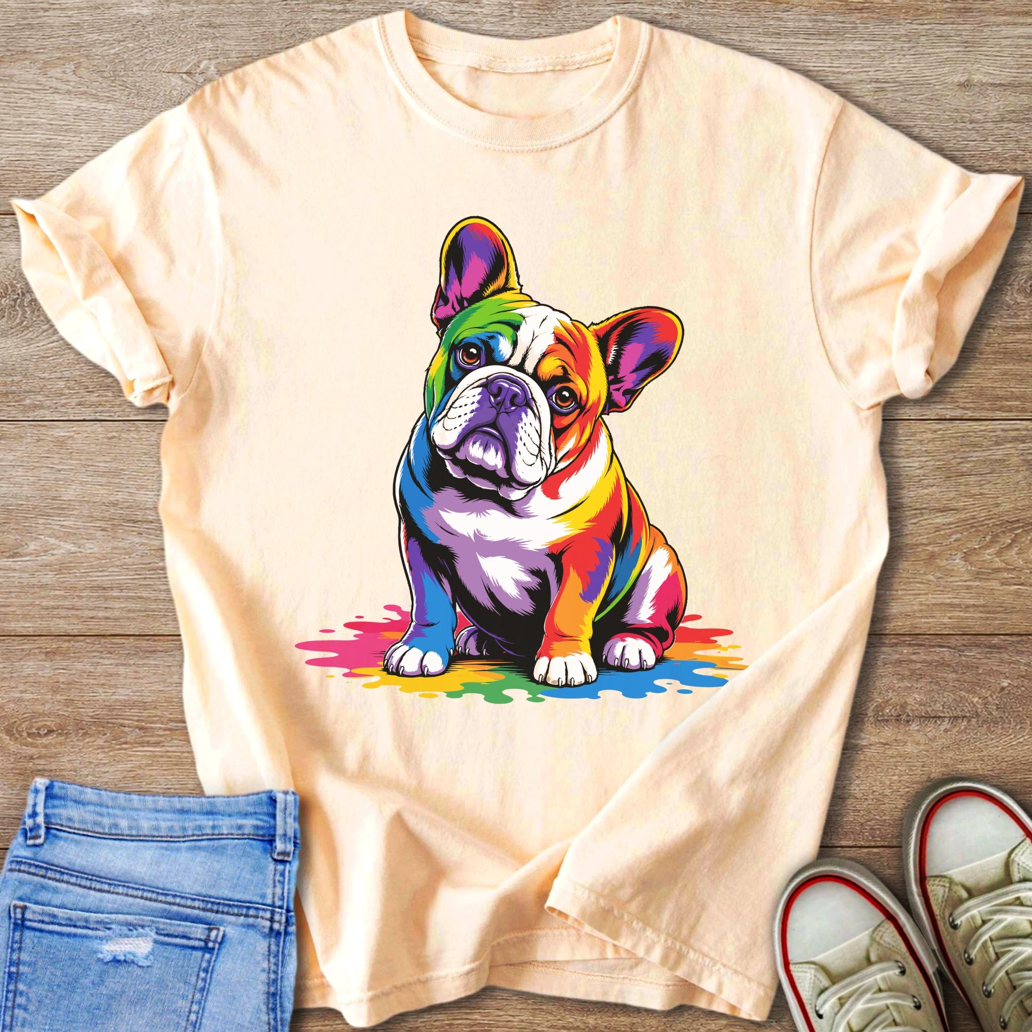 Peach t-shirt with a colorful French bulldog print and paint splatters.