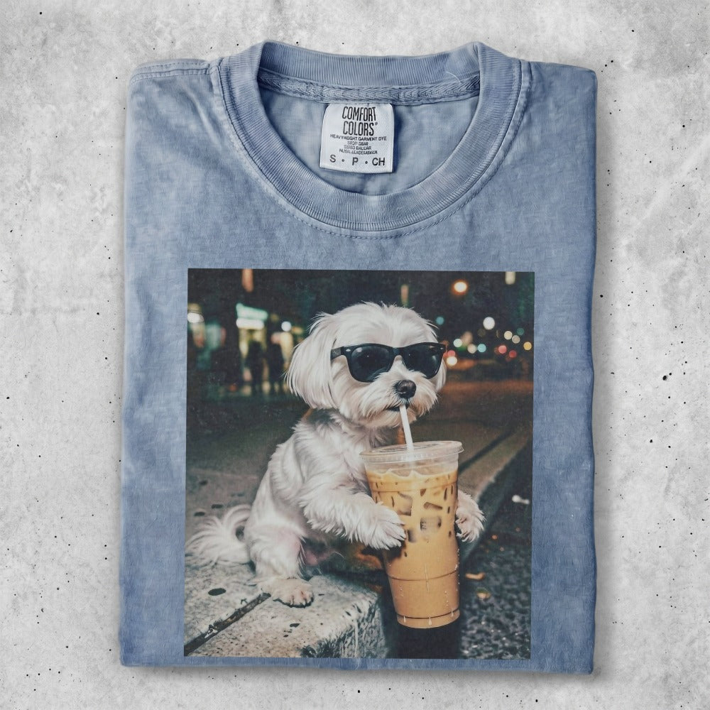 White dog with sunglasses drinks iced coffee on sidewalk.