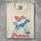 Cream t-shirt with "Coffee and Pointers" text and a dog next to a coffee cup.