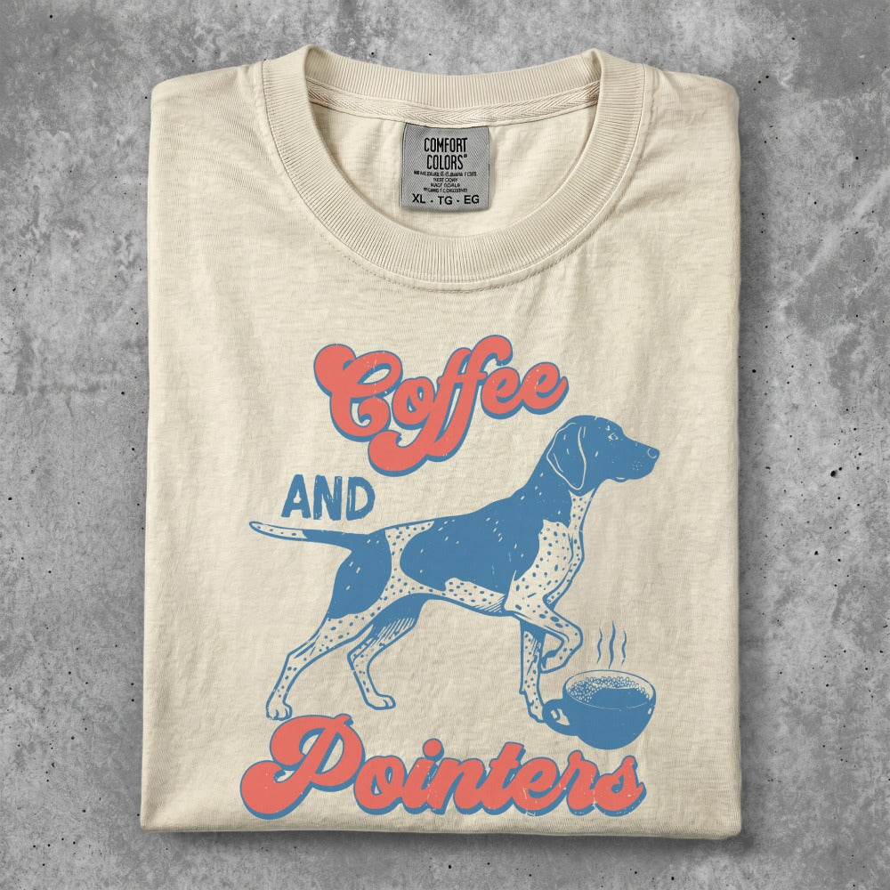Cream t-shirt with "Coffee and Pointers" text and a dog next to a coffee cup.