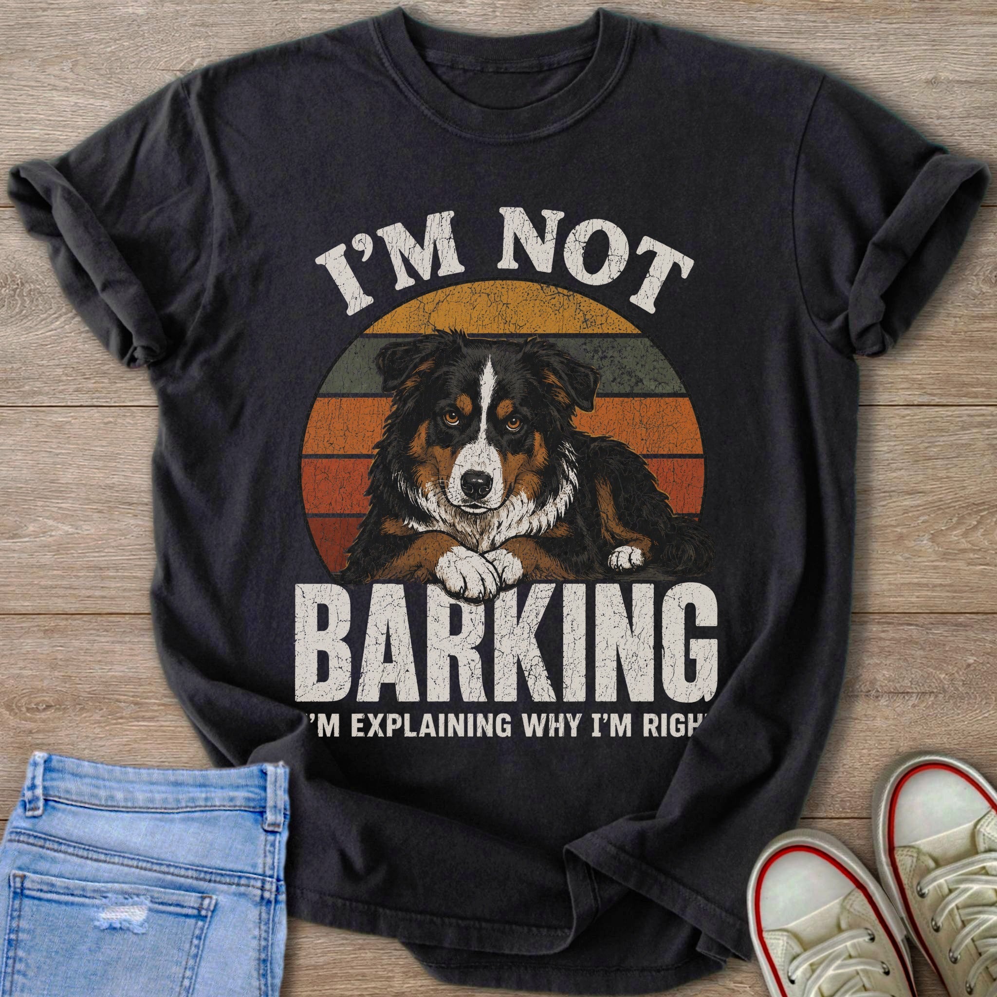 T-shirt with vintage sunset and dog art that says "I'M NOT BARKING 'M EXPLAINING WHY I'M RIGH'".