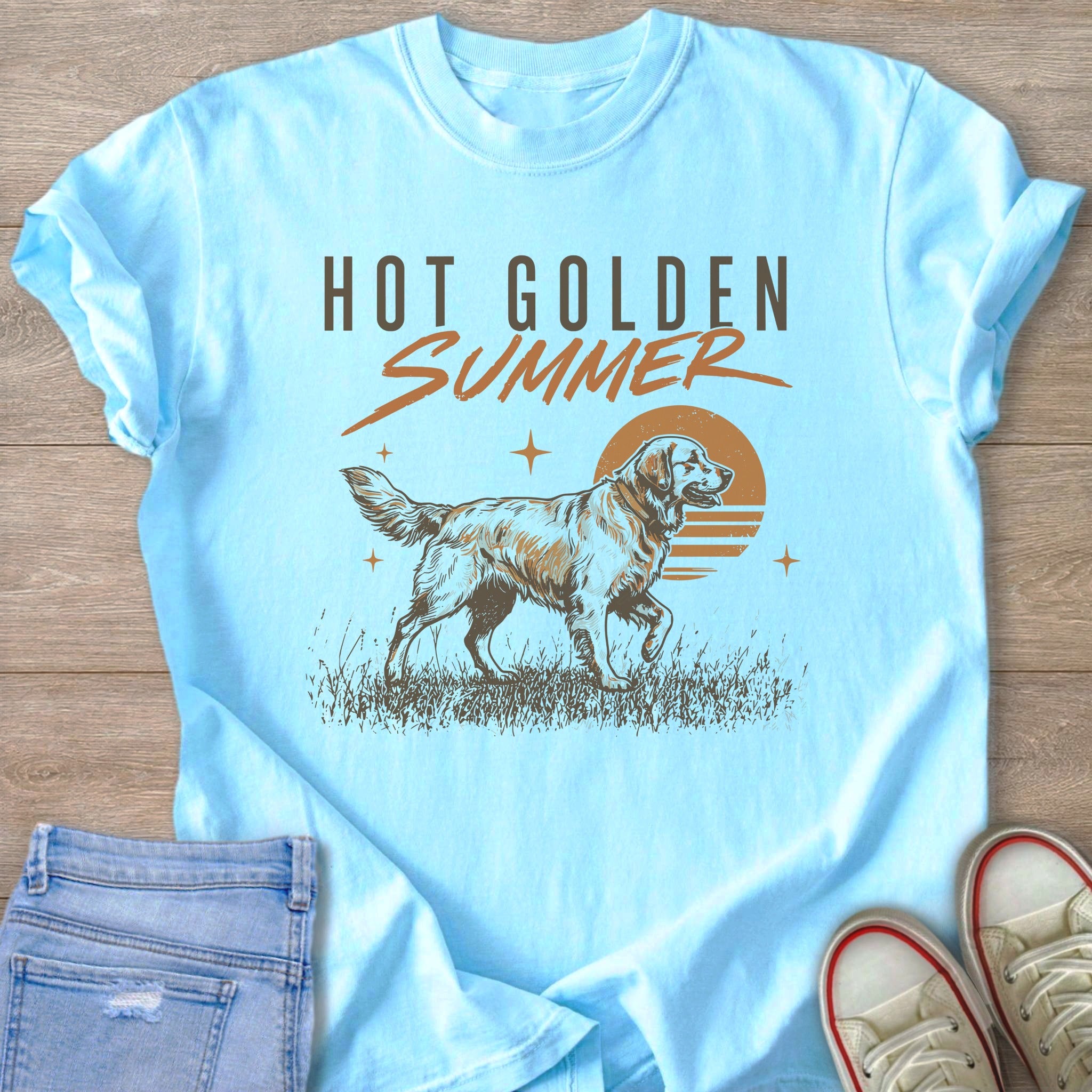 Light blue t-shirt with golden retriever graphic and "Hot Golden Summer" text.