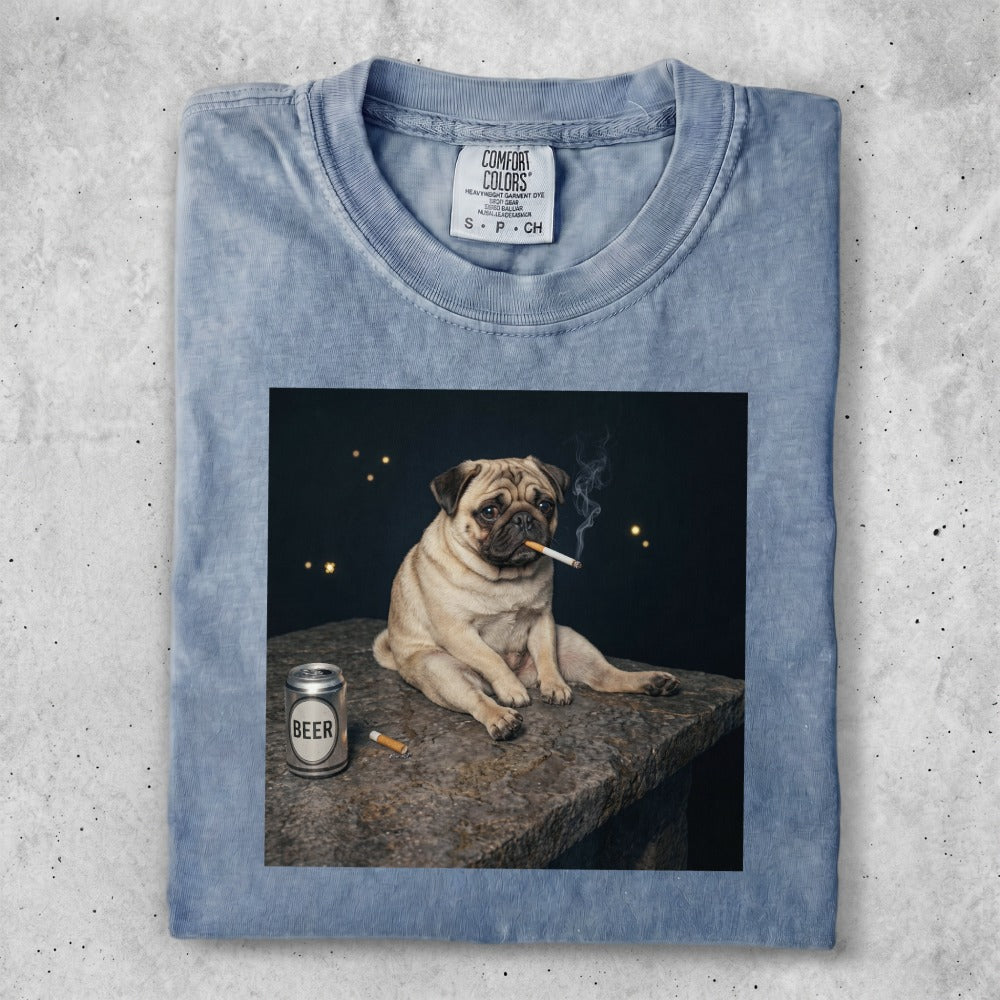 T-shirt with a bulldog smoking a cigarette and a can of beer.