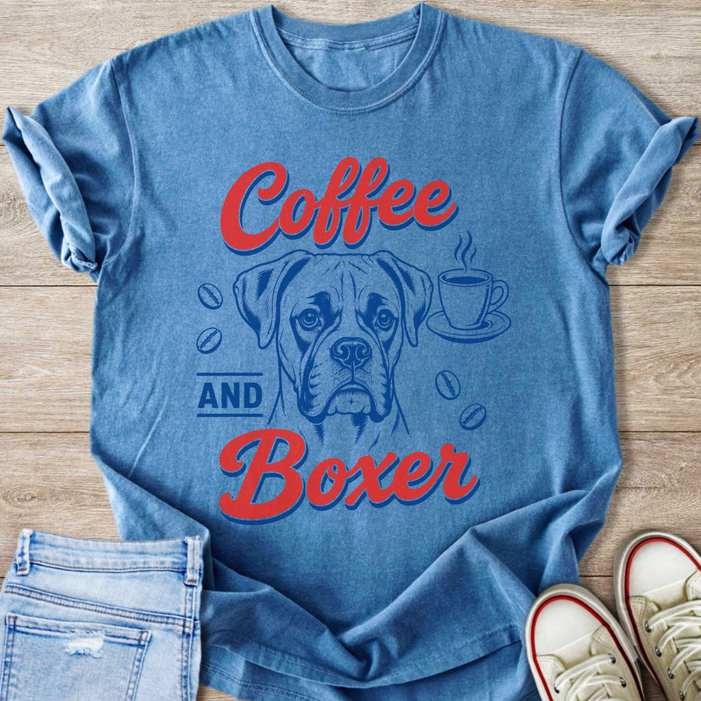 Blue t-shirt with "Coffee AND Boxer" text, a boxer dog, and a coffee cup.