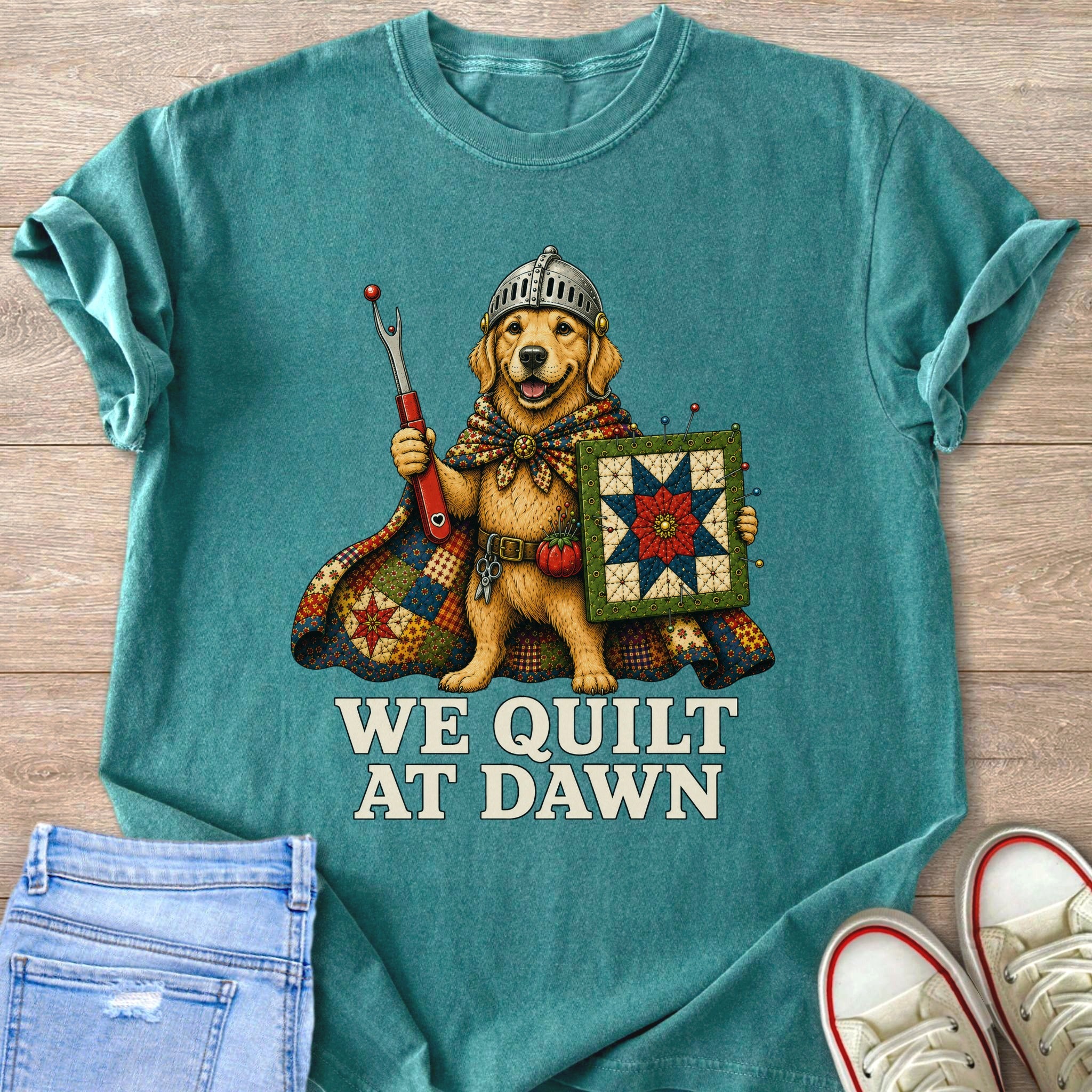Golden retriever in armor holding a rotary cutter and quilt block; text: "WE QUILT AT DAWN".