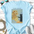 Light blue t-shirt with Van Gogh's Sunflowers painting and a black cat.