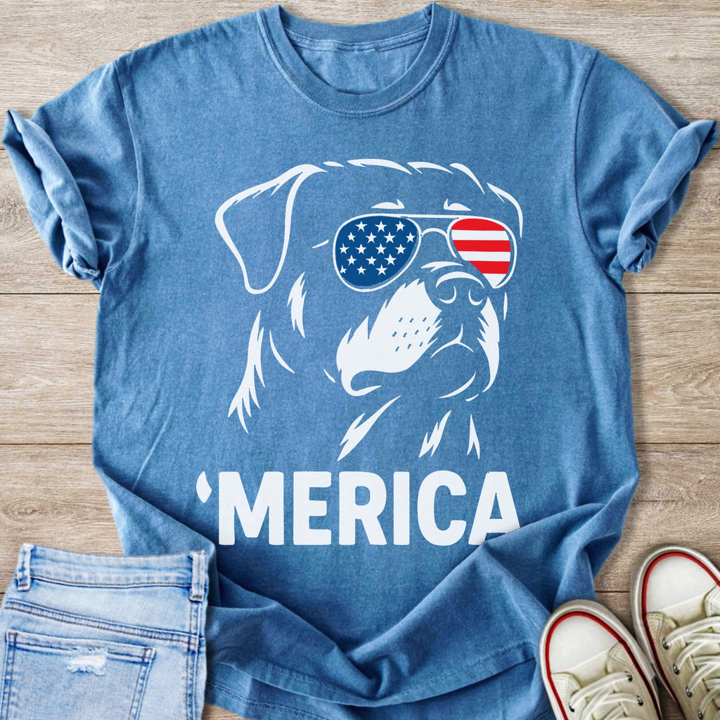 Blue t-shirt with white outline of dog wearing American flag sunglasses, text "MERICA".