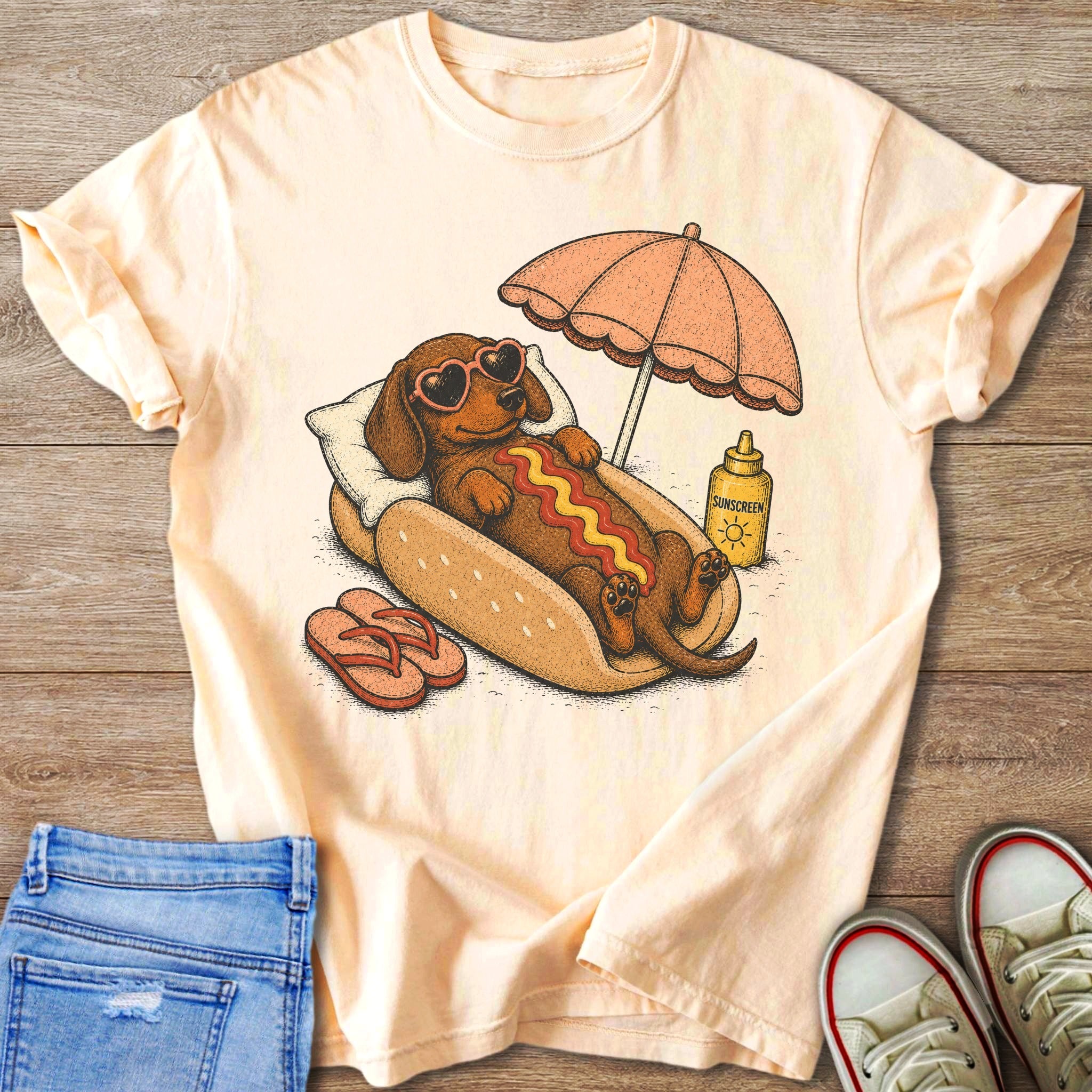Dachshund in sunglasses and hot dog bun lying under umbrella, with sunscreen and flip-flops.