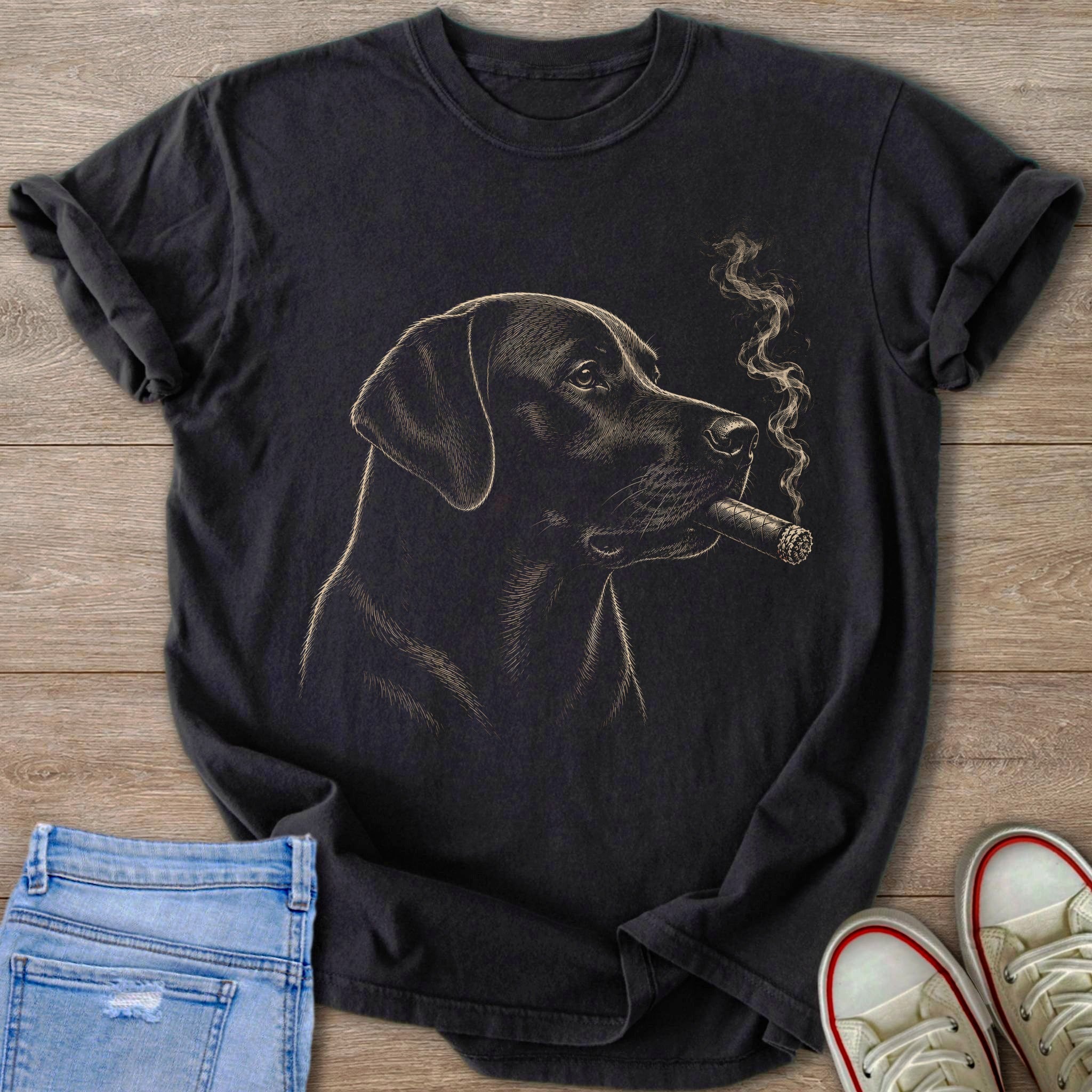 Black t-shirt with a line drawing of a dog smoking a cigar.
