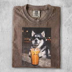 T-shirt with a husky wearing sunglasses holding a coffee drink.