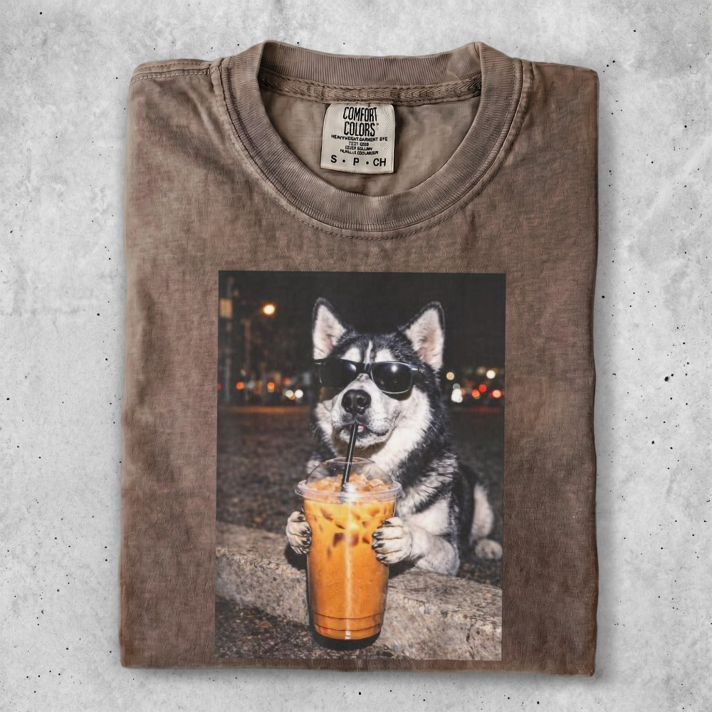 T-shirt with a husky wearing sunglasses holding a coffee drink.